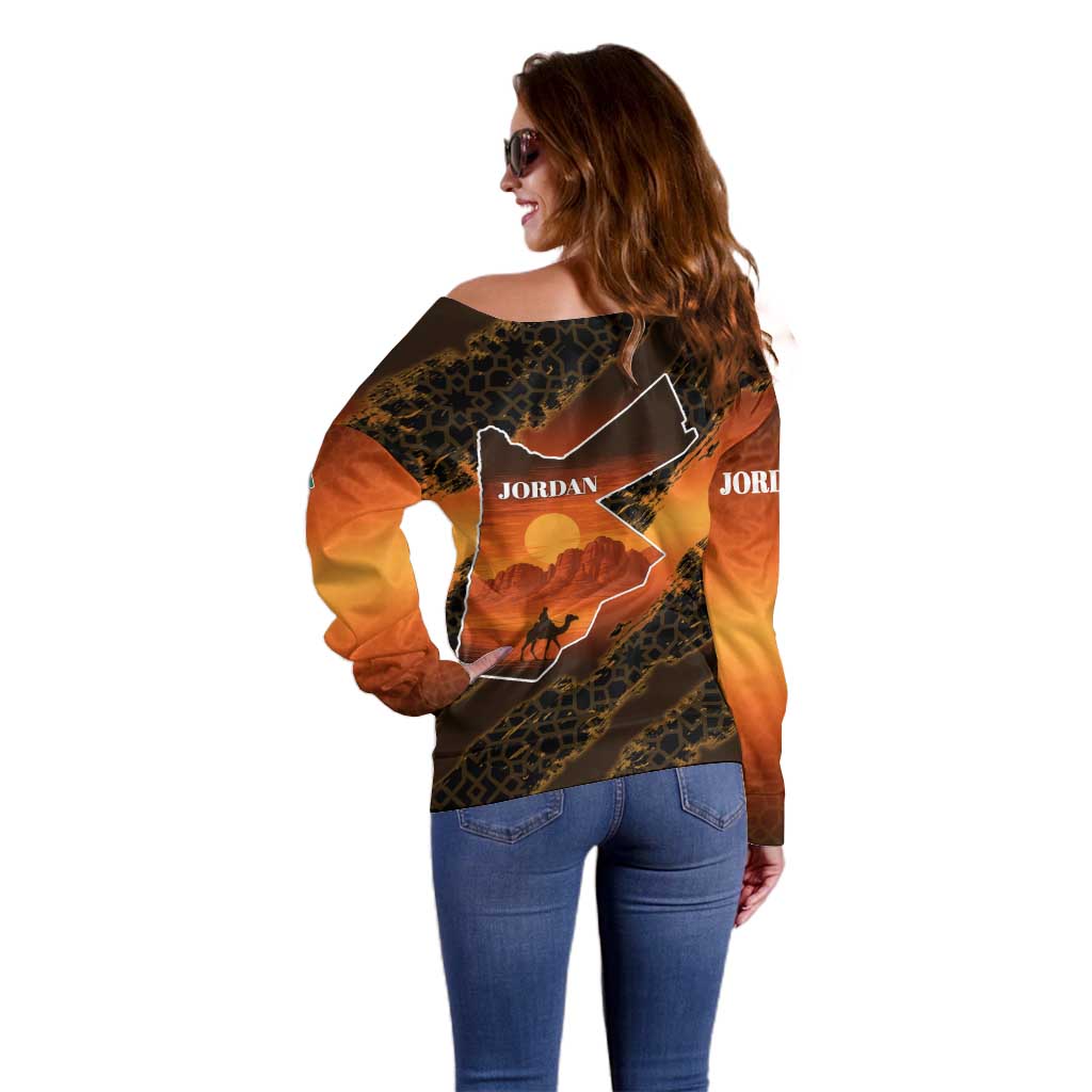 Jordan Desert Sunset Off Shoulder Sweater with Camel and Traditional Geometric Pattern