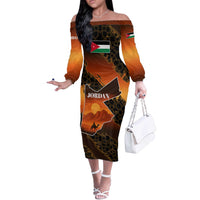 Jordan Desert Sunset Off The Shoulder Long Sleeve Dress with Camel and Traditional Geometric Pattern
