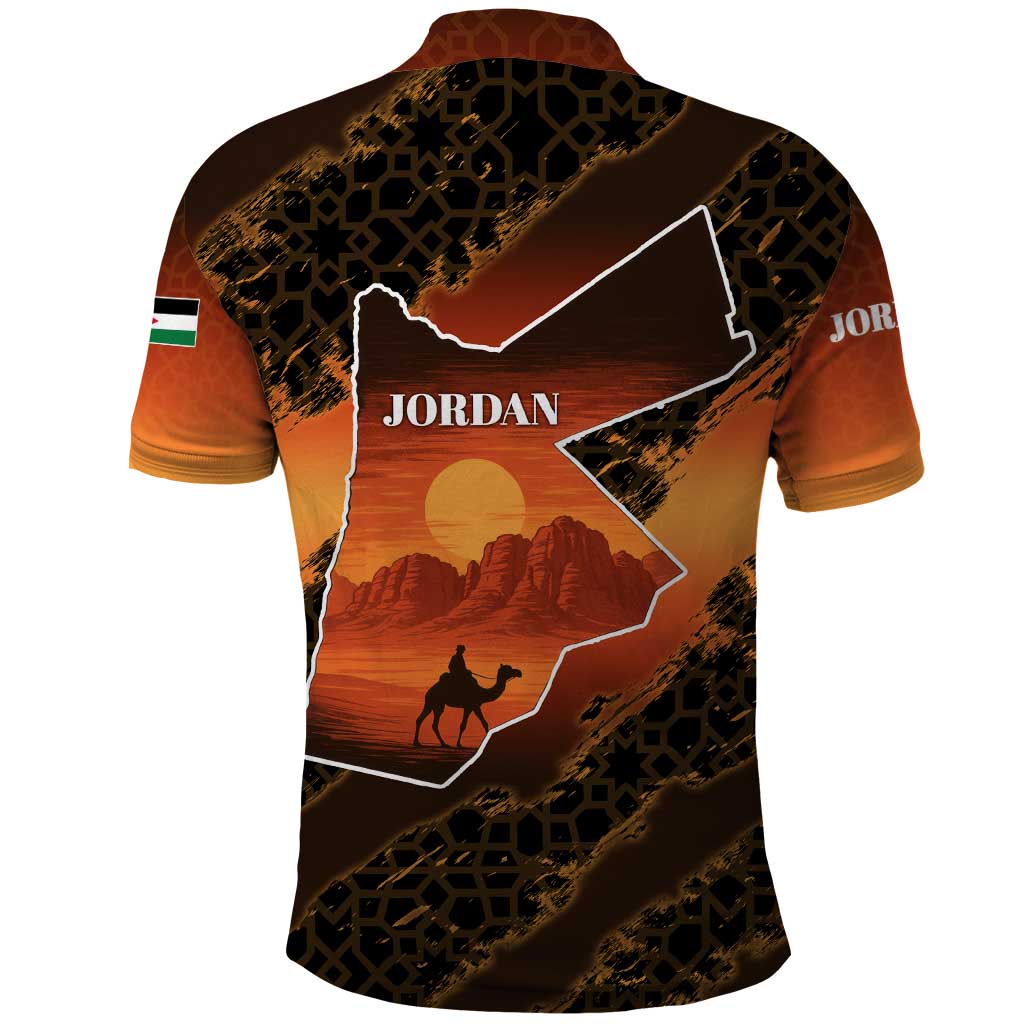 Jordan Desert Sunset Polo Shirt with Camel and Traditional Geometric Pattern