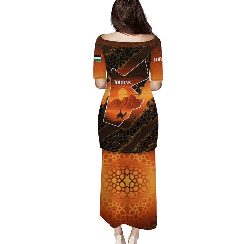Jordan Desert Sunset Puletasi with Camel and Traditional Geometric Pattern