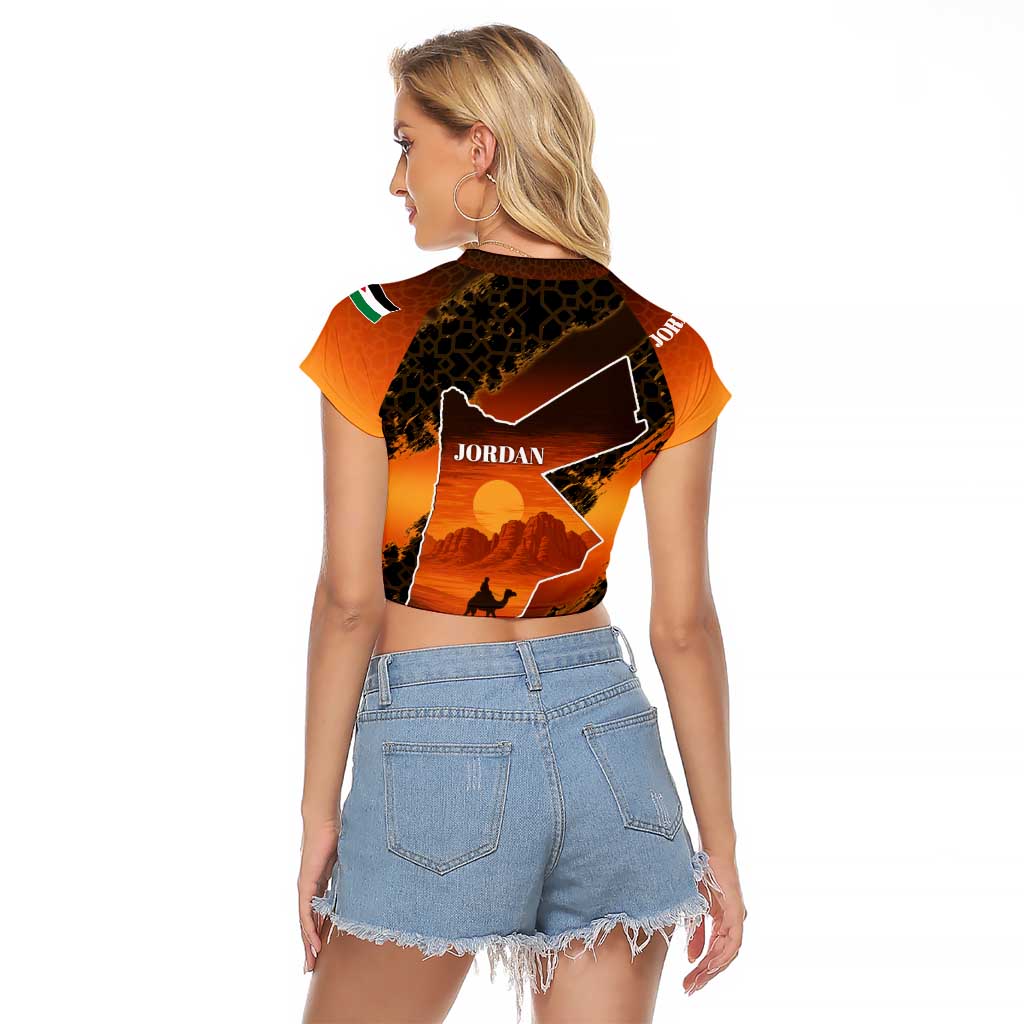 Jordan Desert Sunset Raglan Cropped T Shirt with Camel and Traditional Geometric Pattern
