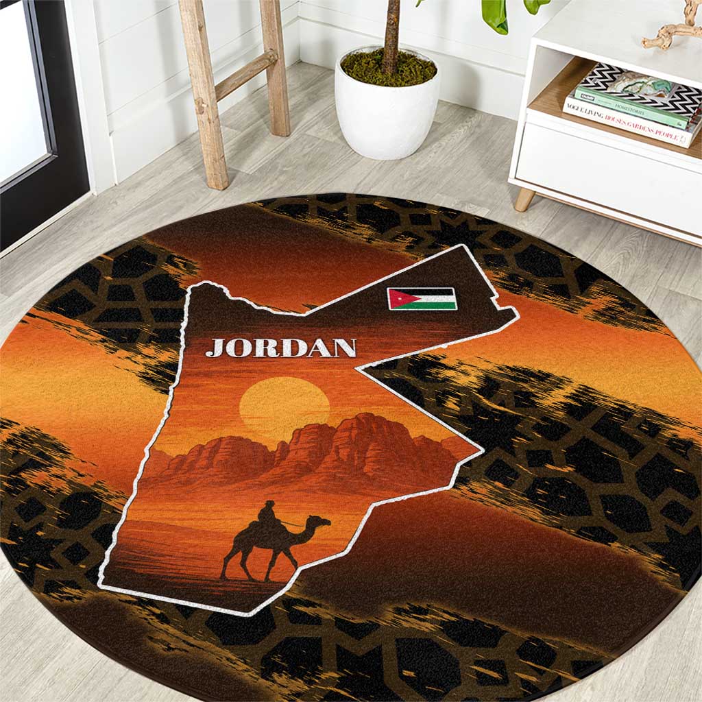 Jordan Desert Sunset Round Carpet with Camel and Traditional Geometric Pattern