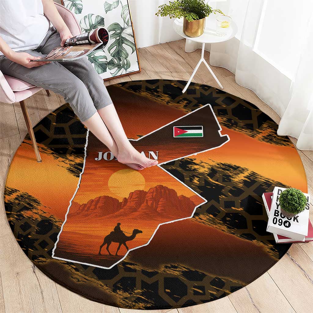 Jordan Desert Sunset Round Carpet with Camel and Traditional Geometric Pattern