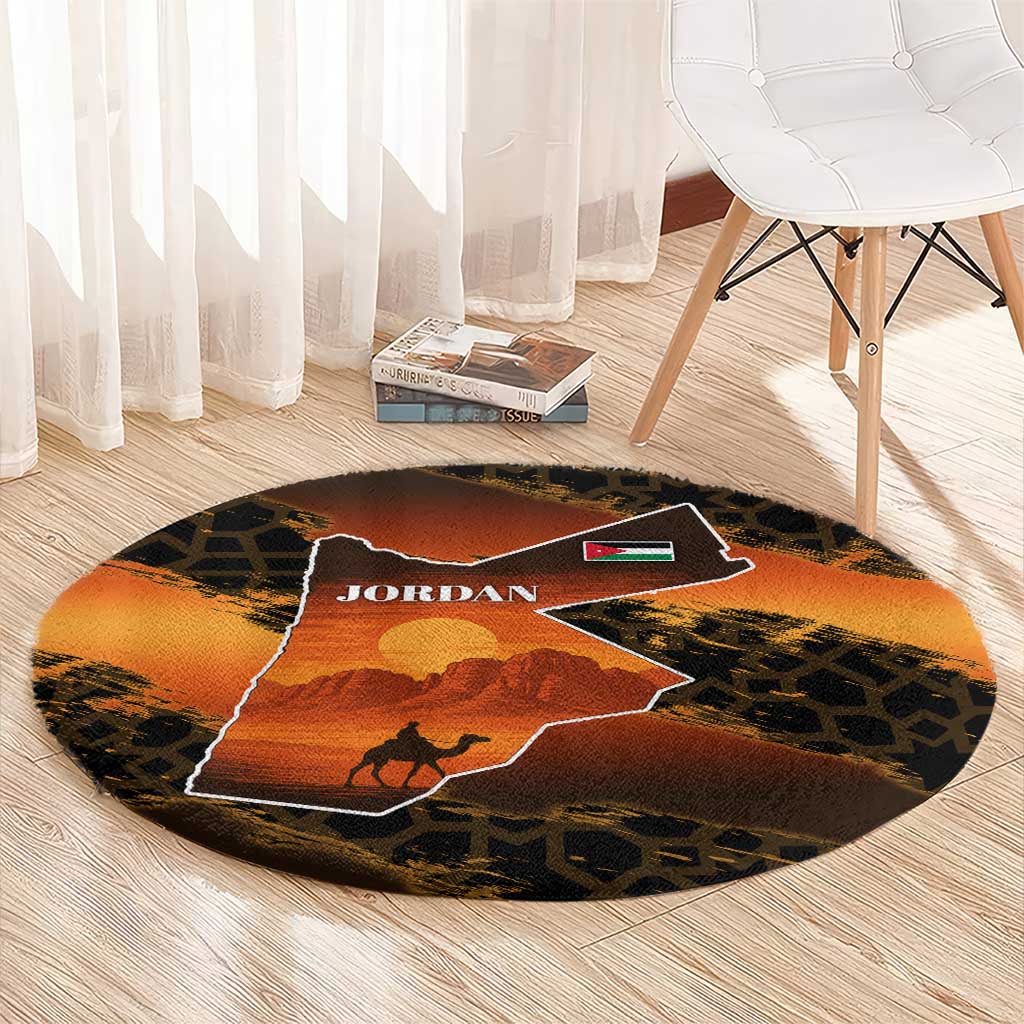Jordan Desert Sunset Round Carpet with Camel and Traditional Geometric Pattern