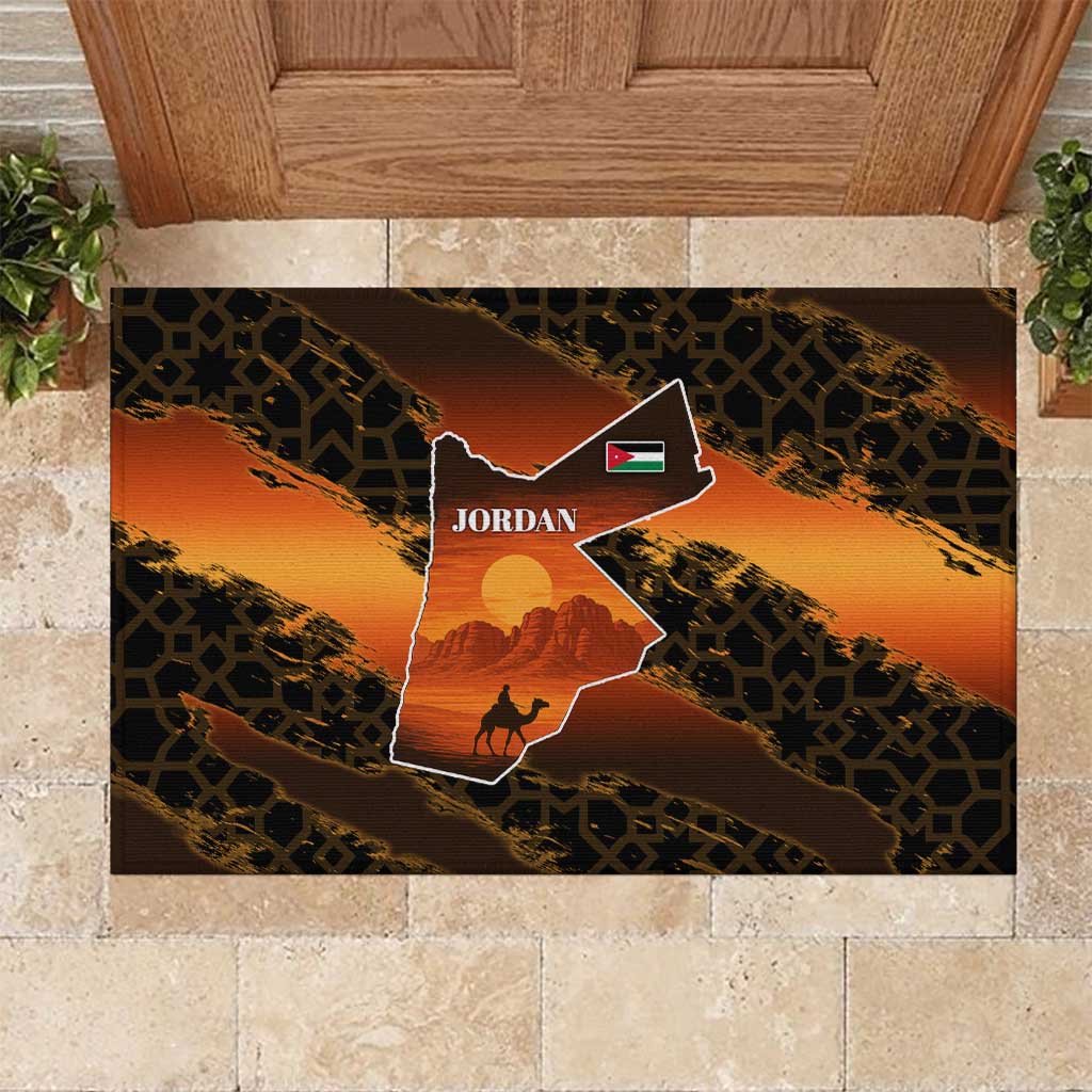 Jordan Desert Sunset Rubber Doormat with Camel and Traditional Geometric Pattern