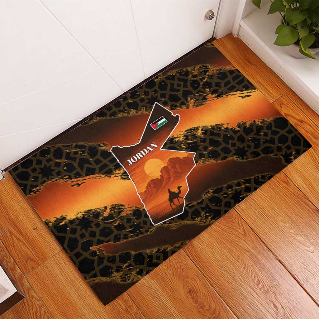 Jordan Desert Sunset Rubber Doormat with Camel and Traditional Geometric Pattern