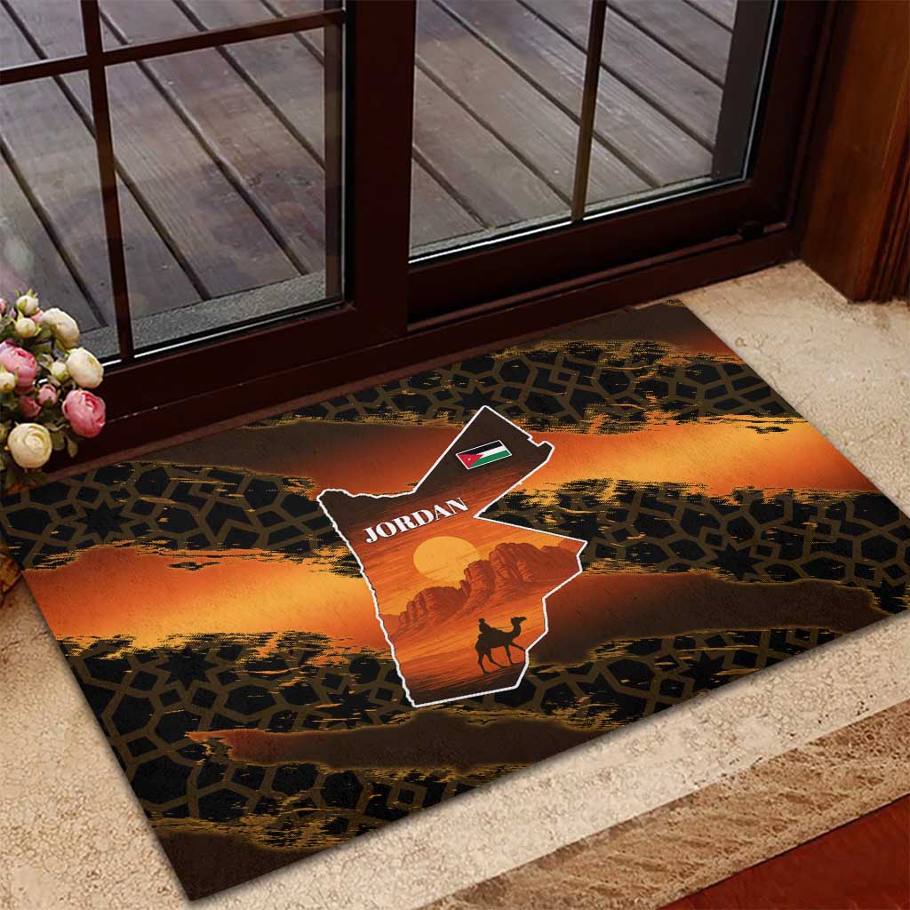 Jordan Desert Sunset Rubber Doormat with Camel and Traditional Geometric Pattern