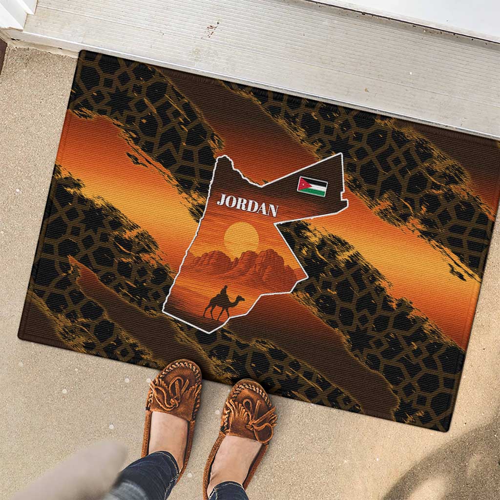 Jordan Desert Sunset Rubber Doormat with Camel and Traditional Geometric Pattern