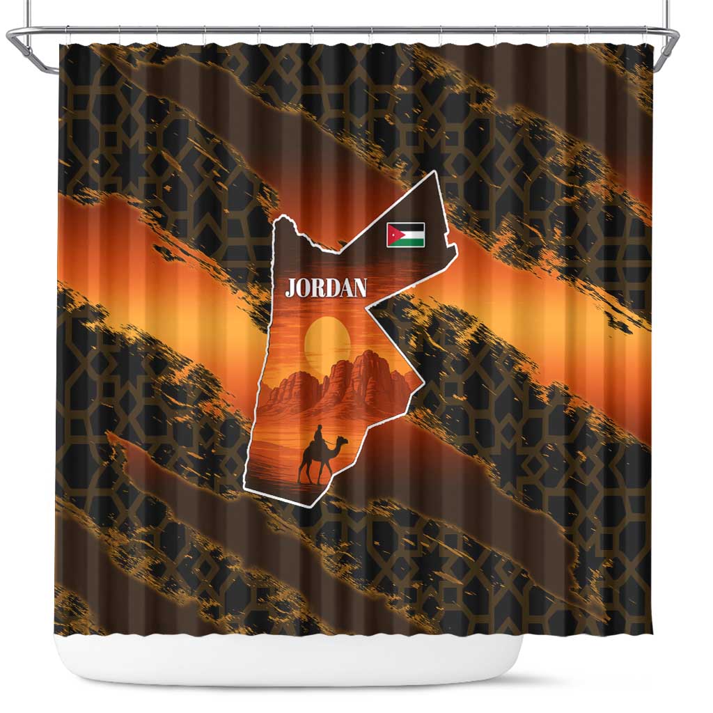Jordan Desert Sunset Shower Curtain with Camel and Traditional Geometric Pattern