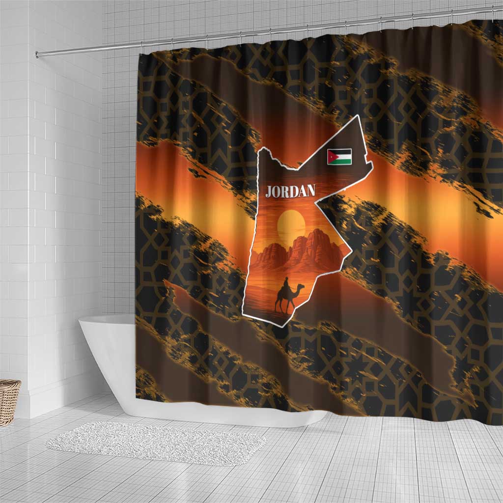 Jordan Desert Sunset Shower Curtain with Camel and Traditional Geometric Pattern