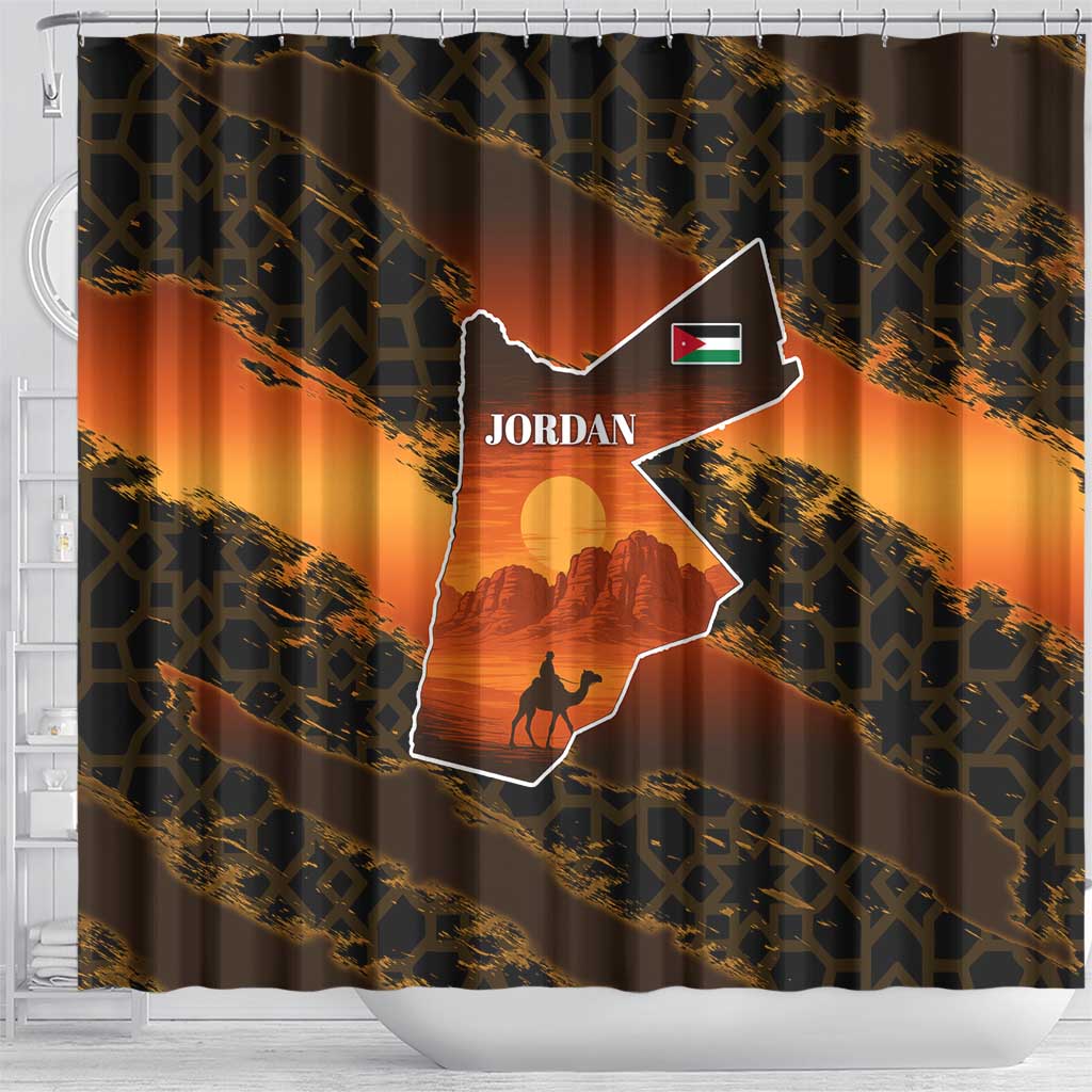 Jordan Desert Sunset Shower Curtain with Camel and Traditional Geometric Pattern