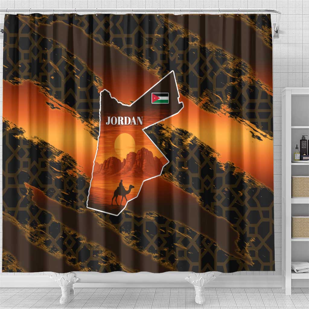 Jordan Desert Sunset Shower Curtain with Camel and Traditional Geometric Pattern