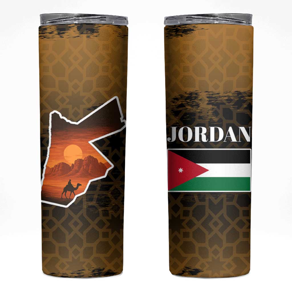 Jordan Desert Sunset Skinny Tumbler with Camel and Traditional Geometric Pattern