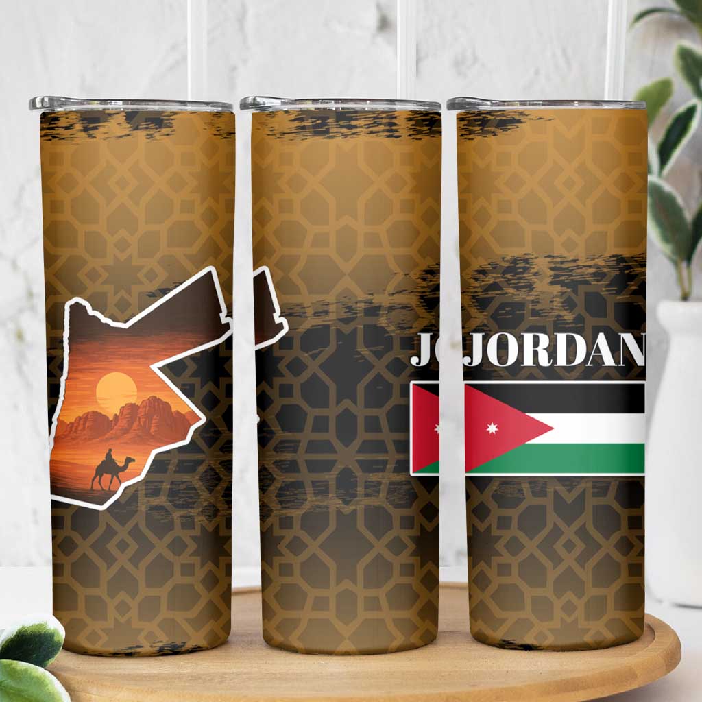 Jordan Desert Sunset Skinny Tumbler with Camel and Traditional Geometric Pattern