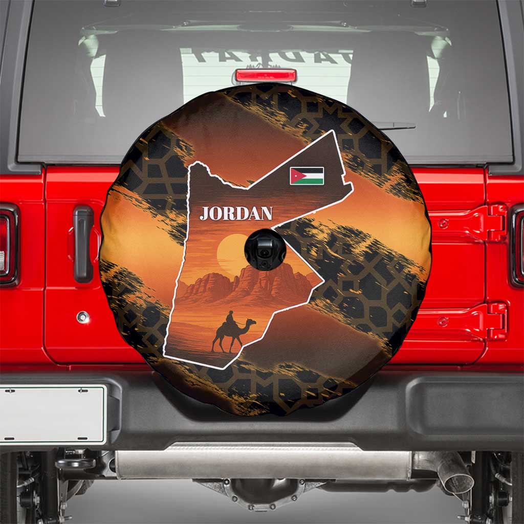 Jordan Desert Sunset Spare Tire Cover with Camel and Traditional Geometric Pattern