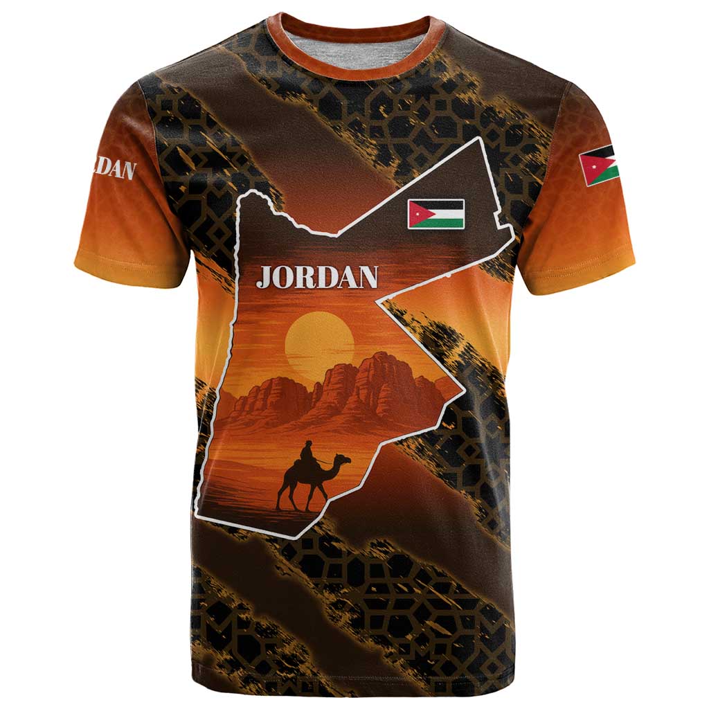 Jordan Desert Sunset T Shirt with Camel and Traditional Geometric Pattern