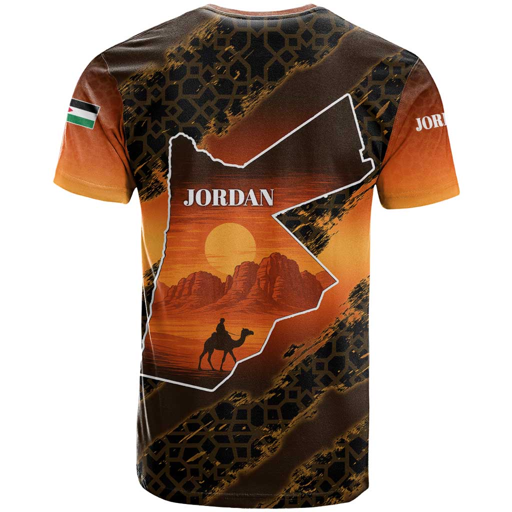 Jordan Desert Sunset T Shirt with Camel and Traditional Geometric Pattern
