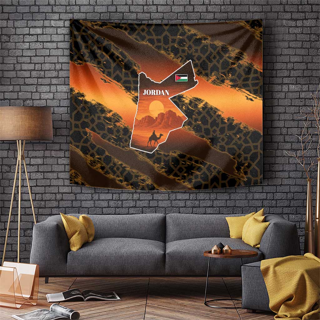 Jordan Desert Sunset Tapestry with Camel and Traditional Geometric Pattern