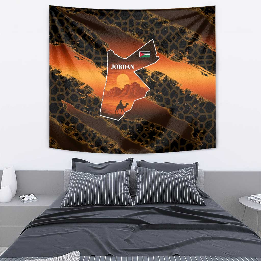 Jordan Desert Sunset Tapestry with Camel and Traditional Geometric Pattern