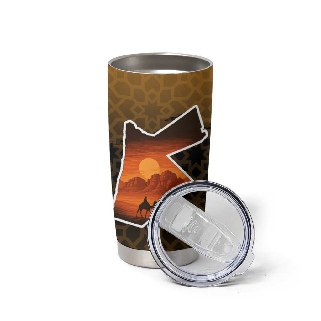 Jordan Desert Sunset Tumbler Cup with Camel and Traditional Geometric Pattern