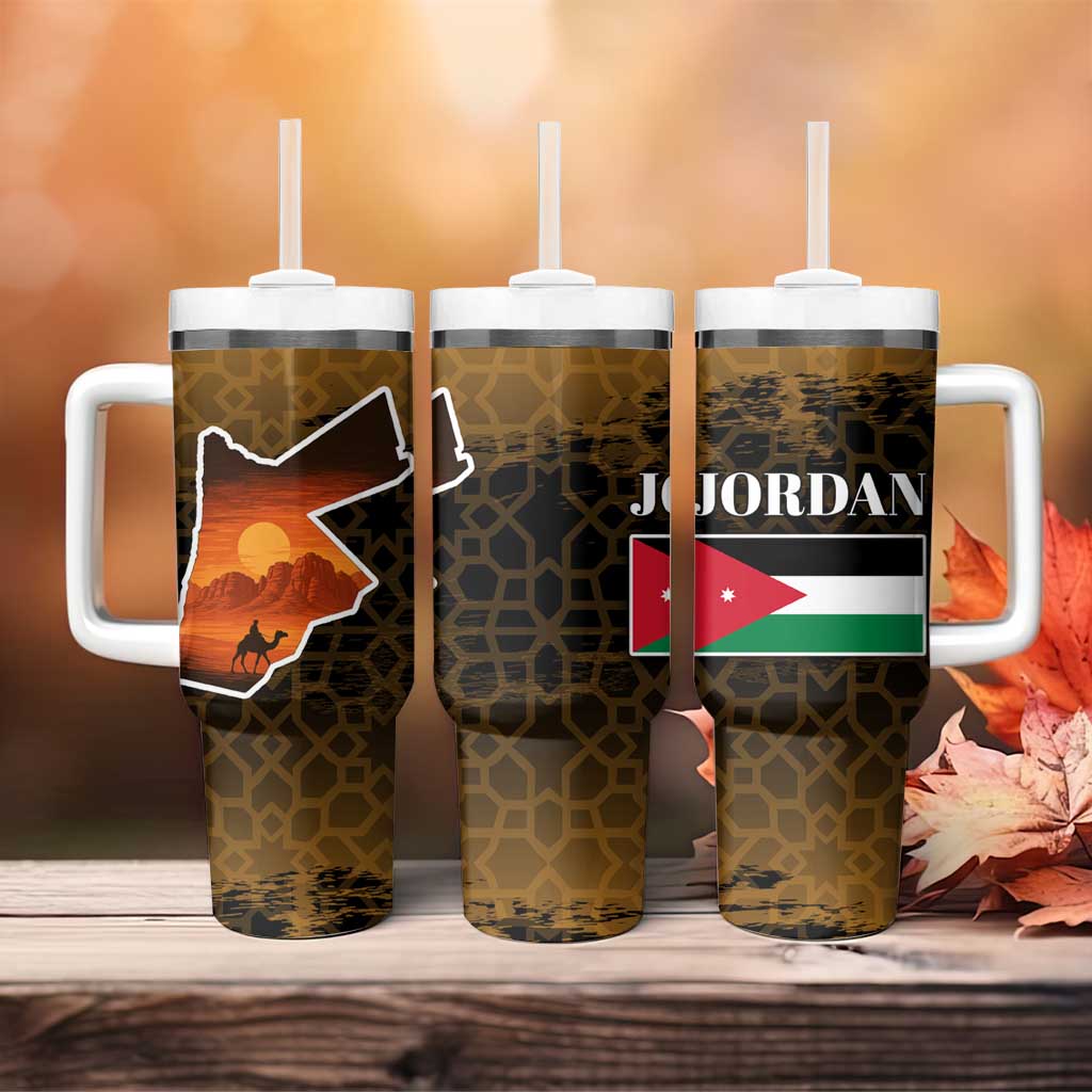 Jordan Desert Sunset Tumbler With Handle with Camel and Traditional Geometric Pattern