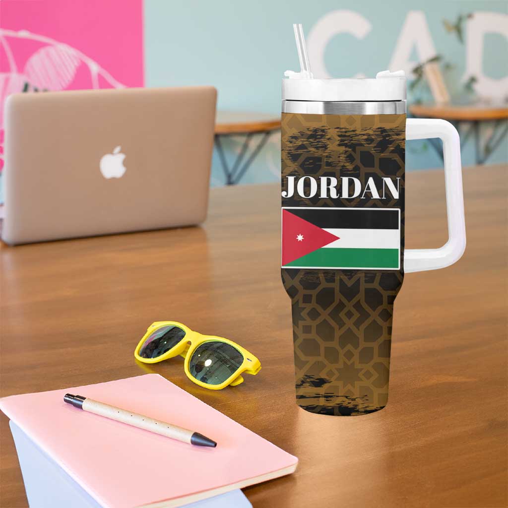 Jordan Desert Sunset Tumbler With Handle with Camel and Traditional Geometric Pattern