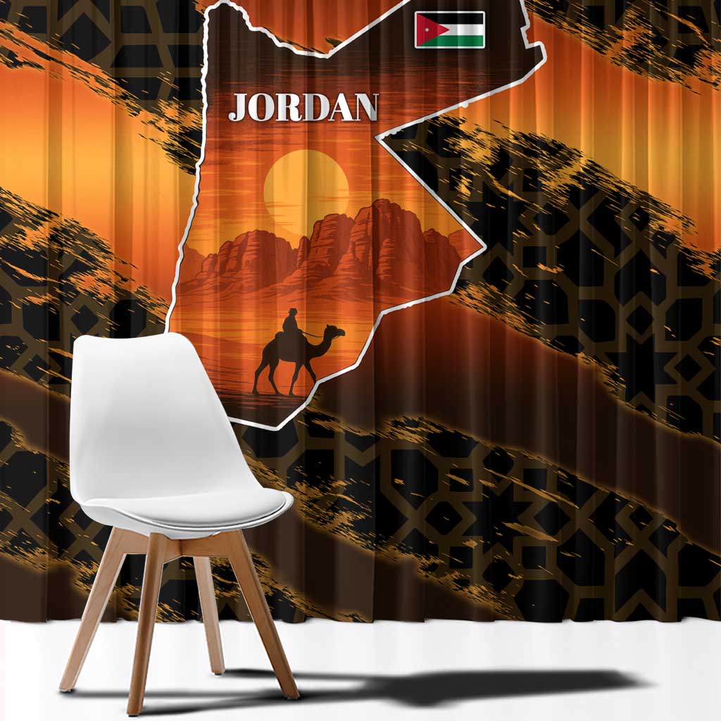 Jordan Desert Sunset Window Curtain with Camel and Traditional Geometric Pattern