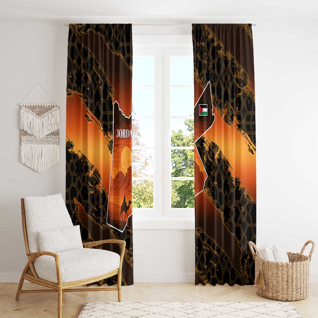 Jordan Desert Sunset Window Curtain with Camel and Traditional Geometric Pattern
