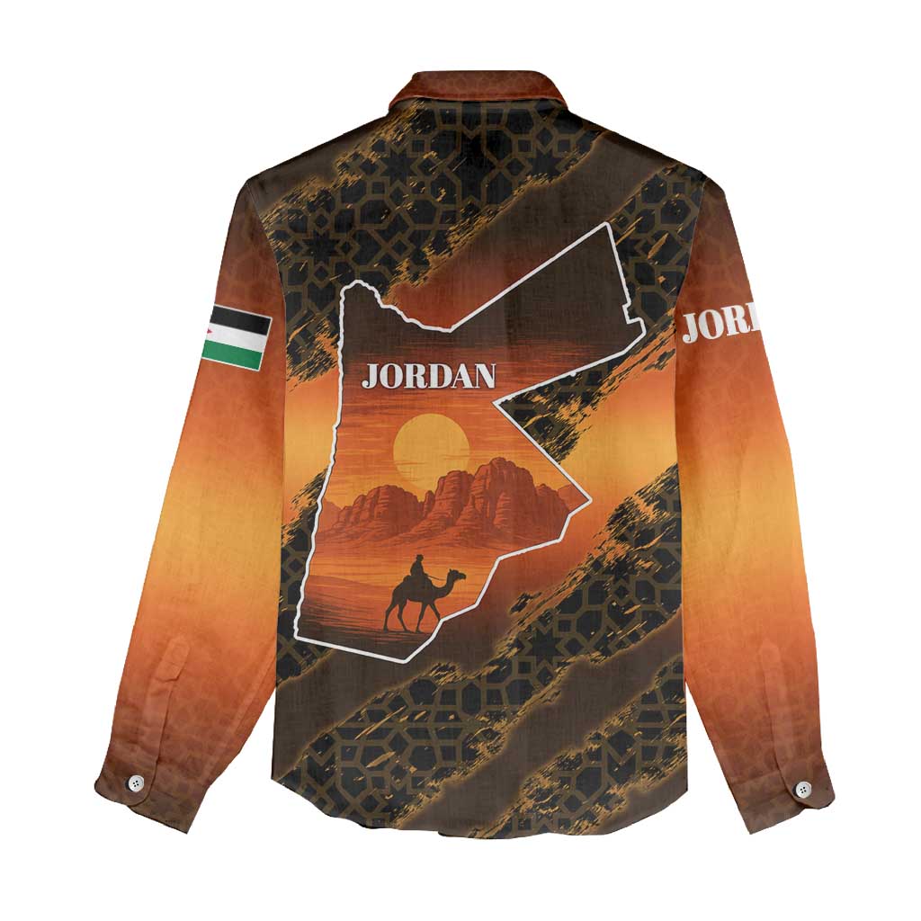 Jordan Desert Sunset Women Casual Shirt with Camel and Traditional Geometric Pattern