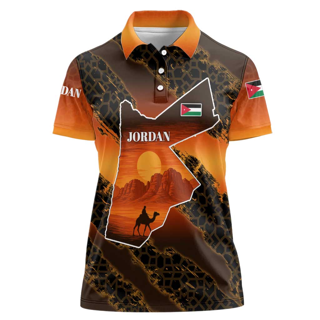 Jordan Desert Sunset Women Polo Shirt with Camel and Traditional Geometric Pattern