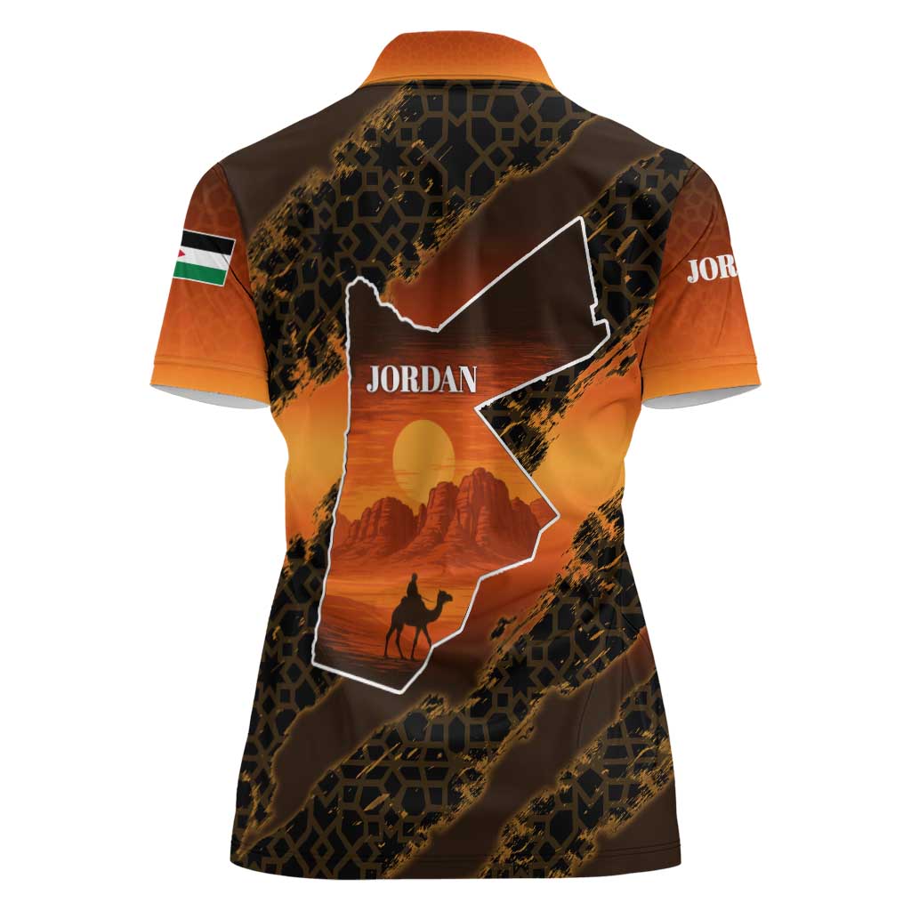 Jordan Desert Sunset Women Polo Shirt with Camel and Traditional Geometric Pattern