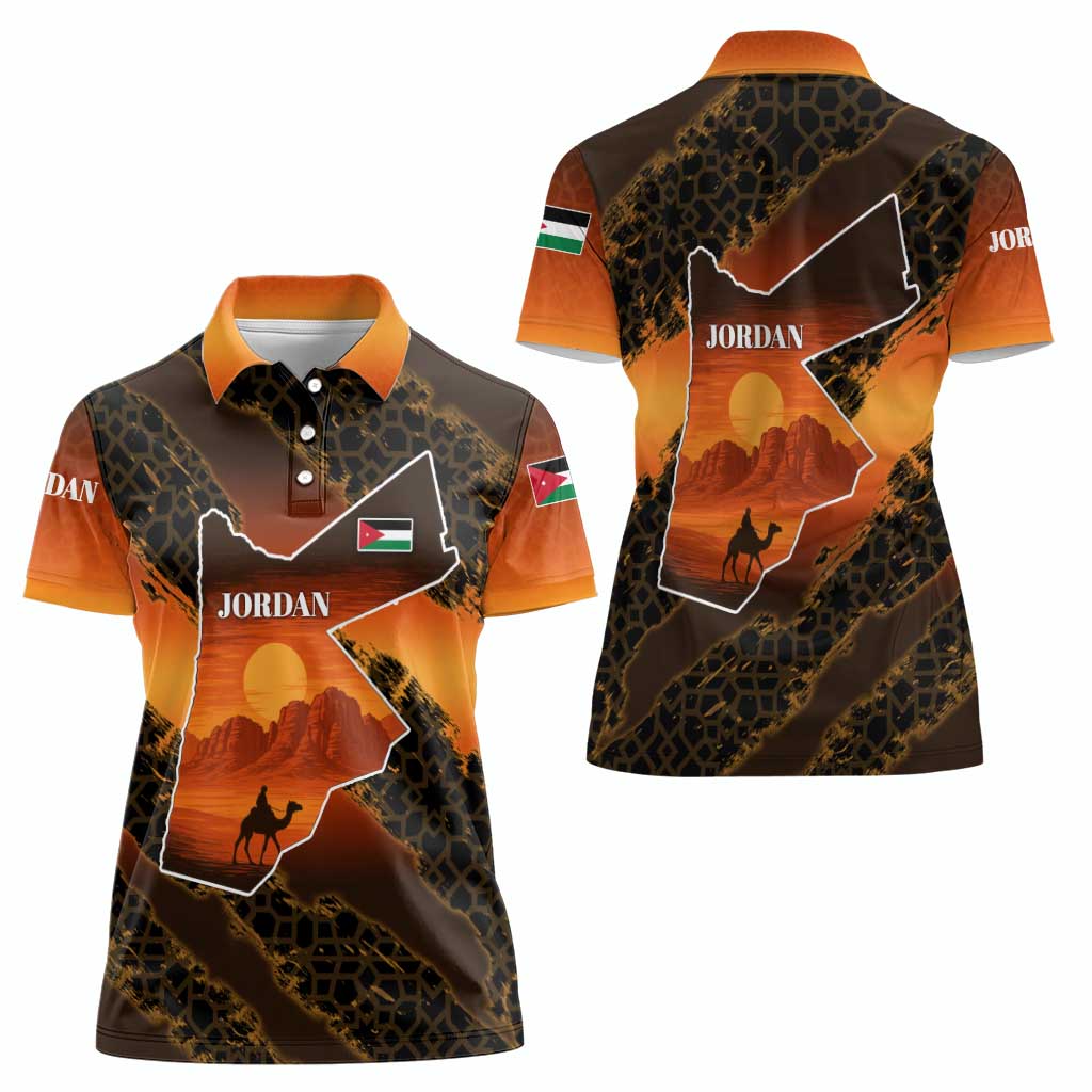 Jordan Desert Sunset Women Polo Shirt with Camel and Traditional Geometric Pattern