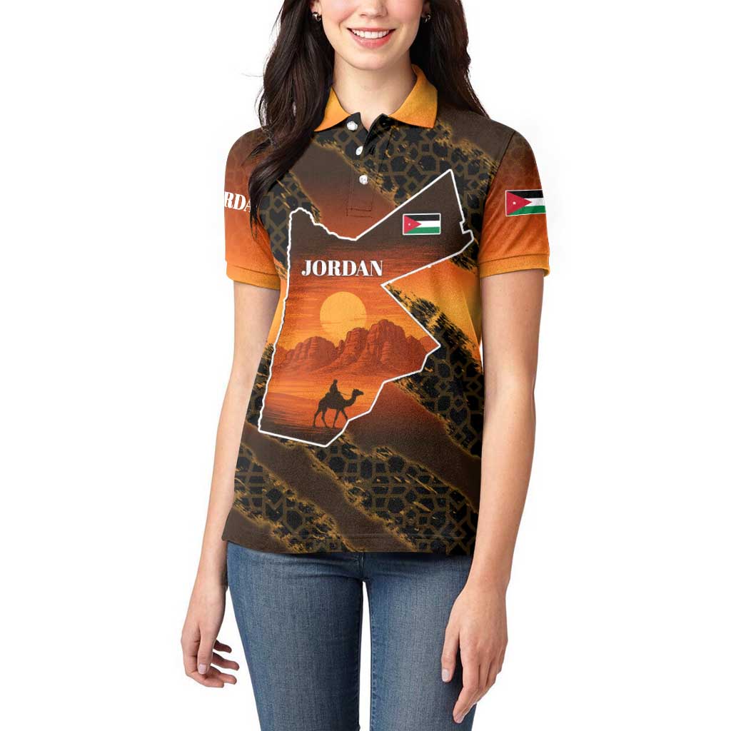 Jordan Desert Sunset Women Polo Shirt with Camel and Traditional Geometric Pattern