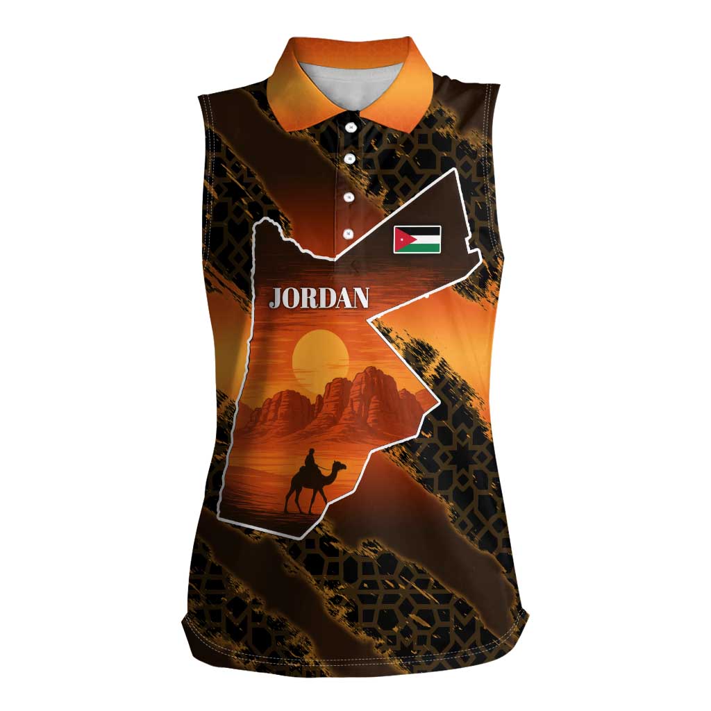 Jordan Desert Sunset Women Sleeveless Polo Shirt with Camel and Traditional Geometric Pattern