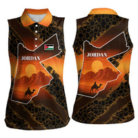 Jordan Desert Sunset Women Sleeveless Polo Shirt with Camel and Traditional Geometric Pattern