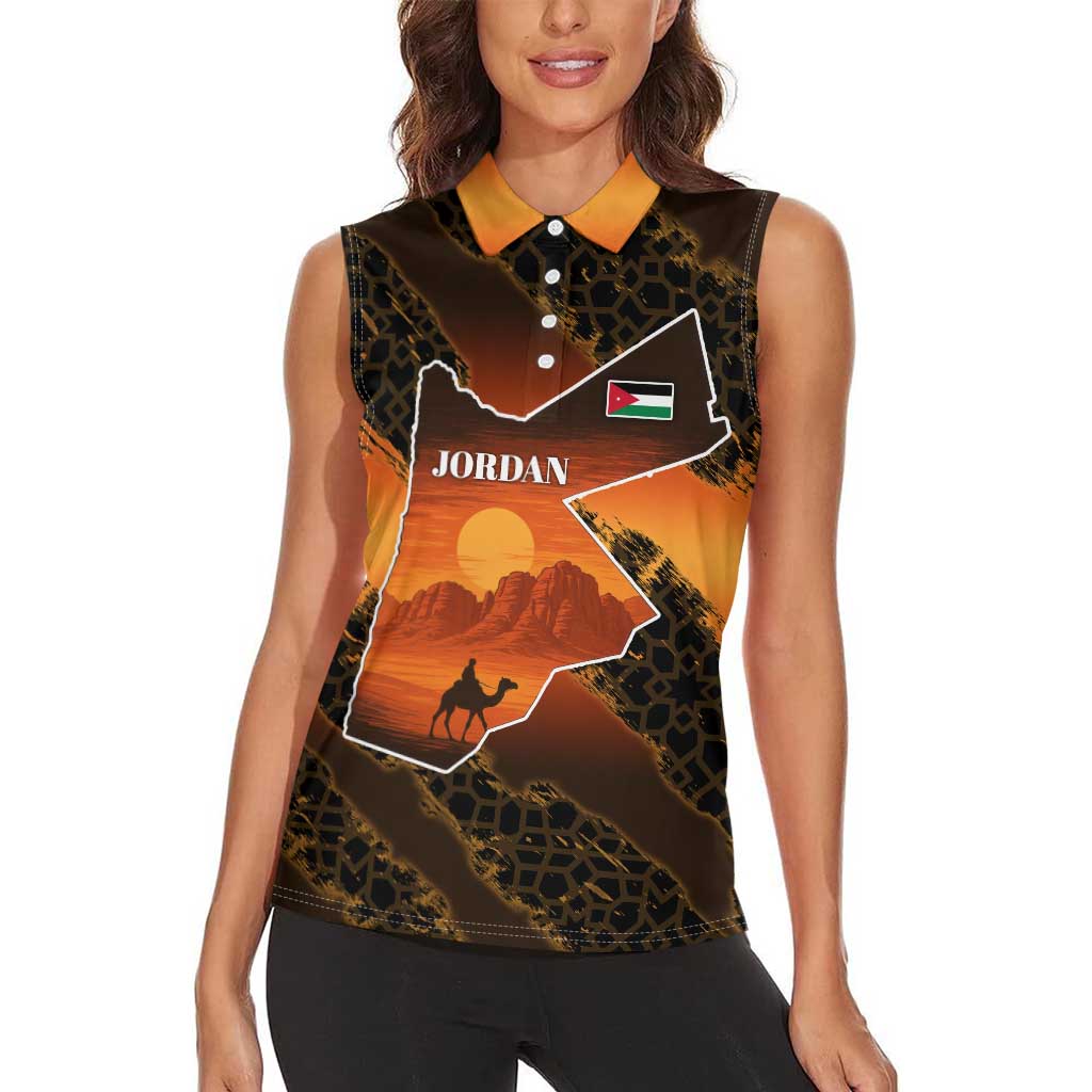 Jordan Desert Sunset Women Sleeveless Polo Shirt with Camel and Traditional Geometric Pattern