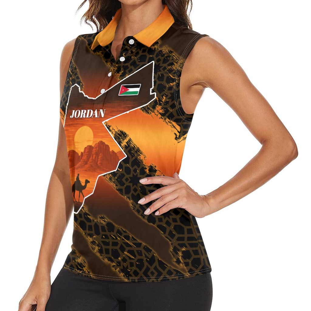 Jordan Desert Sunset Women Sleeveless Polo Shirt with Camel and Traditional Geometric Pattern