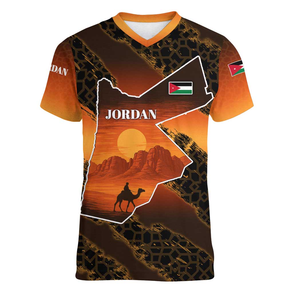 Jordan Desert Sunset Women V-Neck T-Shirt with Camel and Traditional Geometric Pattern