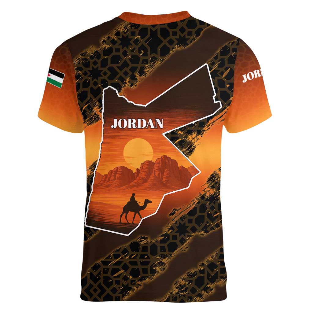 Jordan Desert Sunset Women V-Neck T-Shirt with Camel and Traditional Geometric Pattern