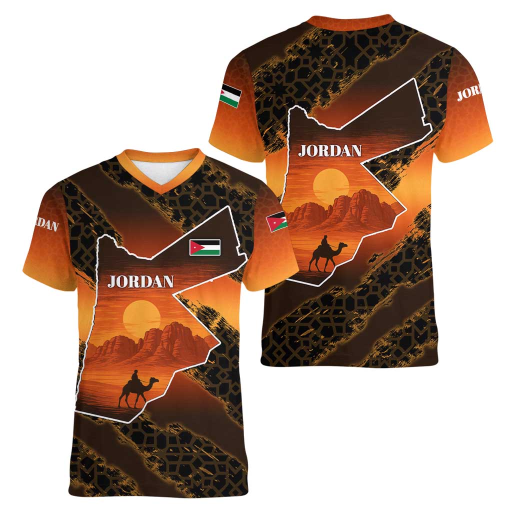 Jordan Desert Sunset Women V-Neck T-Shirt with Camel and Traditional Geometric Pattern