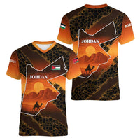 Jordan Desert Sunset Women V-Neck T-Shirt with Camel and Traditional Geometric Pattern