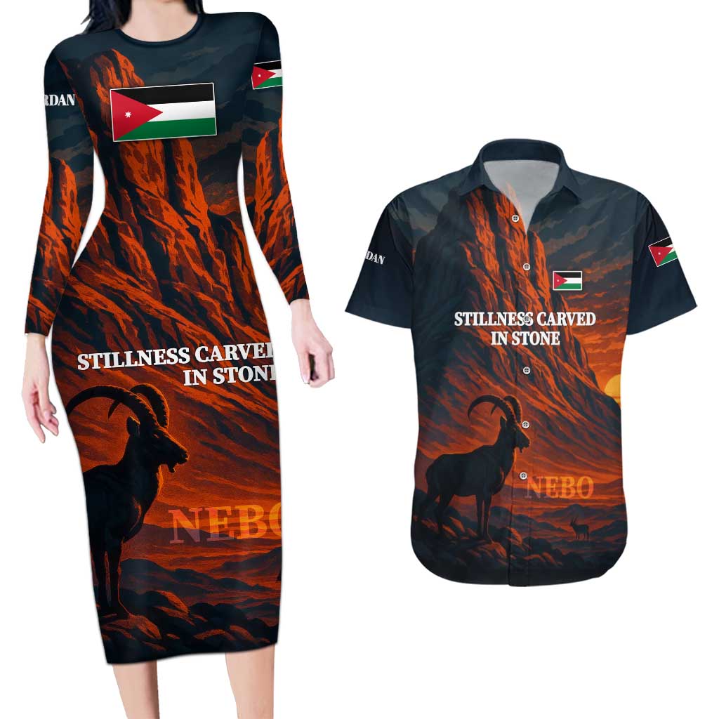 Jordan Nebo Mountain Couples Matching Long Sleeve Bodycon Dress and Hawaiian Shirt with Ibex and Desert Rock Landscape