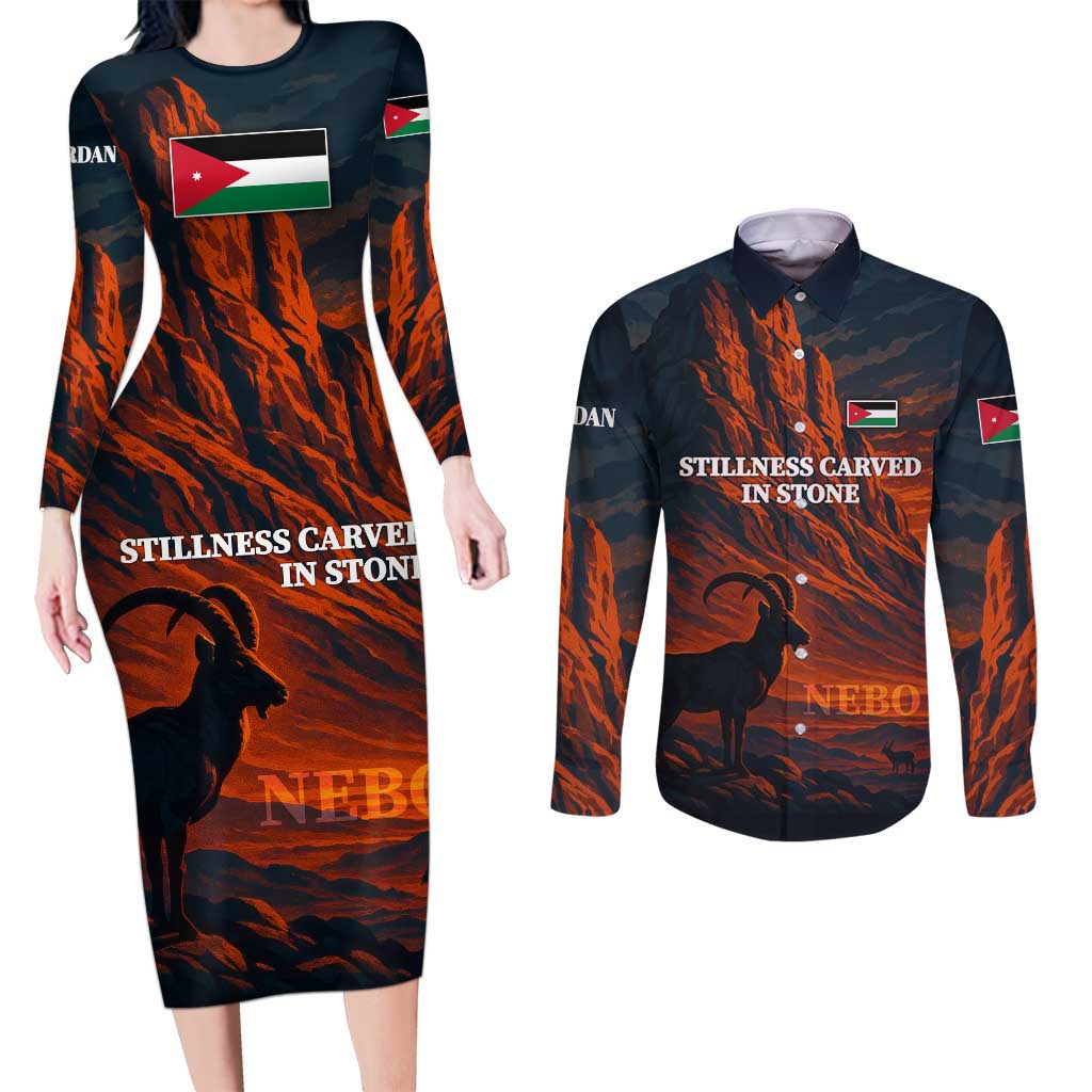 Jordan Nebo Mountain Couples Matching Long Sleeve Bodycon Dress and Long Sleeve Button Shirt with Ibex and Desert Rock Landscape