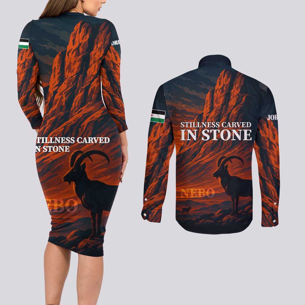 Jordan Nebo Mountain Couples Matching Long Sleeve Bodycon Dress and Long Sleeve Button Shirt with Ibex and Desert Rock Landscape