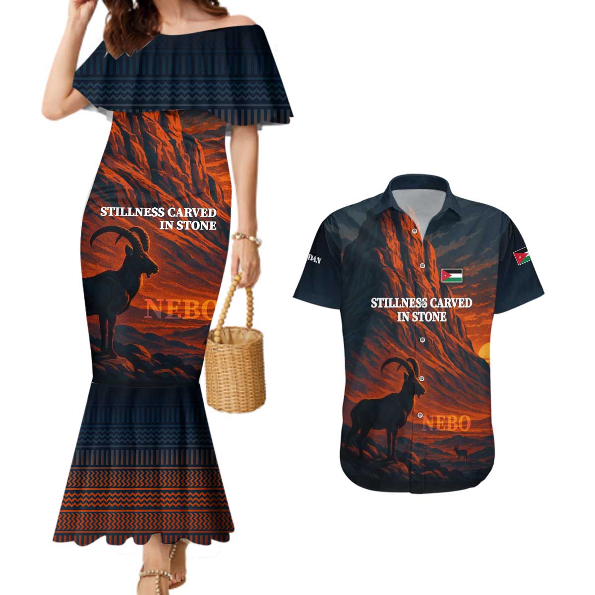 Jordan Nebo Mountain Couples Matching Mermaid Dress and Hawaiian Shirt with Ibex and Desert Rock Landscape