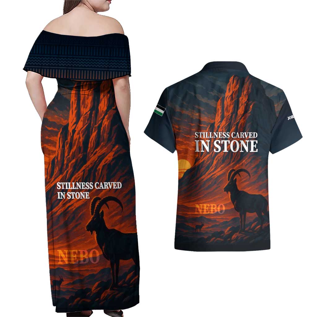 Jordan Nebo Mountain Couples Matching Off Shoulder Maxi Dress and Hawaiian Shirt with Ibex and Desert Rock Landscape