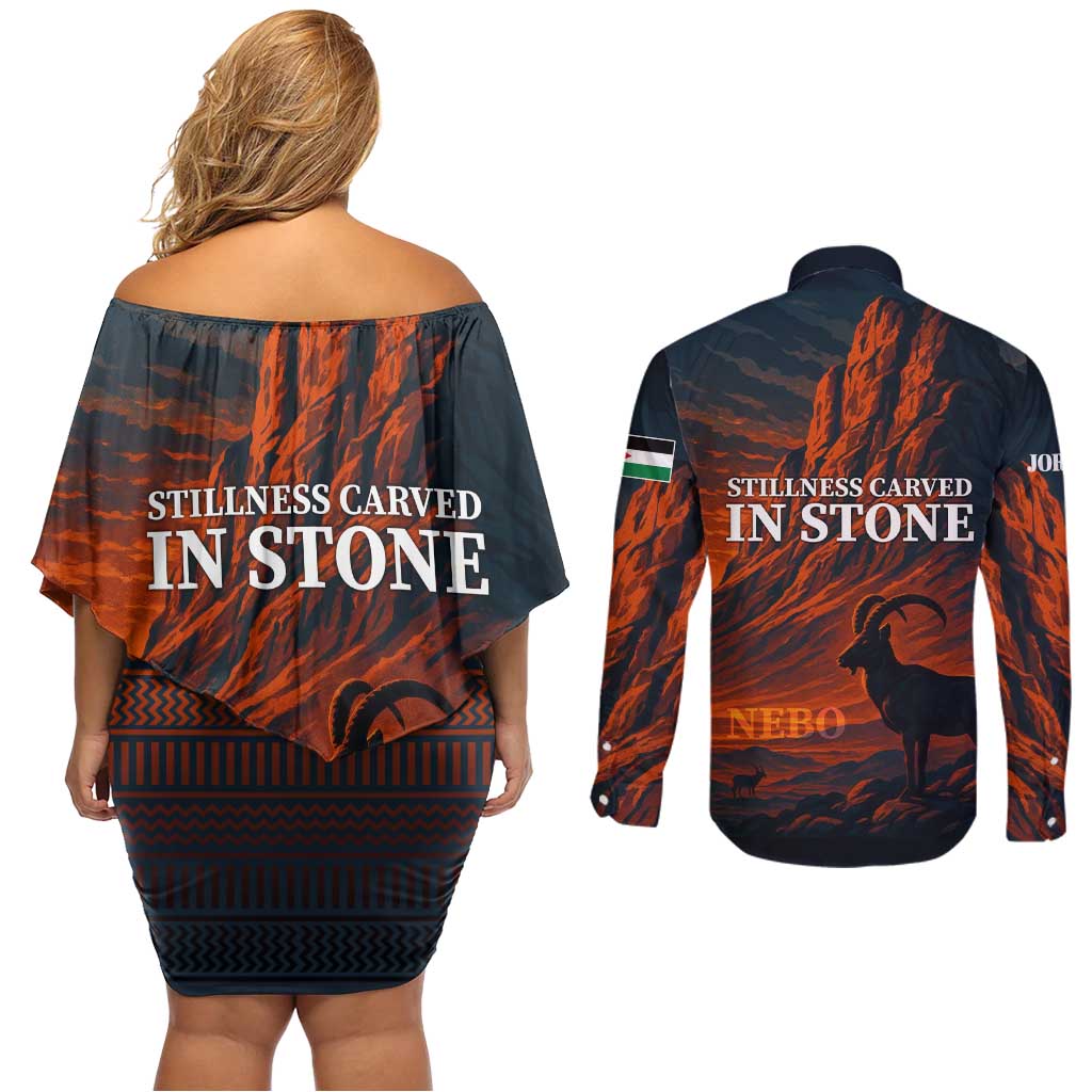 Jordan Nebo Mountain Couples Matching Off Shoulder Short Dress and Long Sleeve Button Shirt with Ibex and Desert Rock Landscape