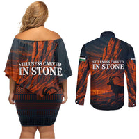 Jordan Nebo Mountain Couples Matching Off Shoulder Short Dress and Long Sleeve Button Shirt with Ibex and Desert Rock Landscape