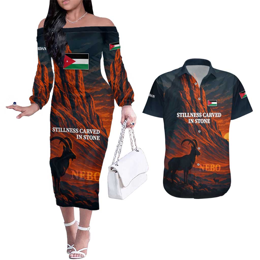 Jordan Nebo Mountain Couples Matching Off The Shoulder Long Sleeve Dress and Hawaiian Shirt with Ibex and Desert Rock Landscape