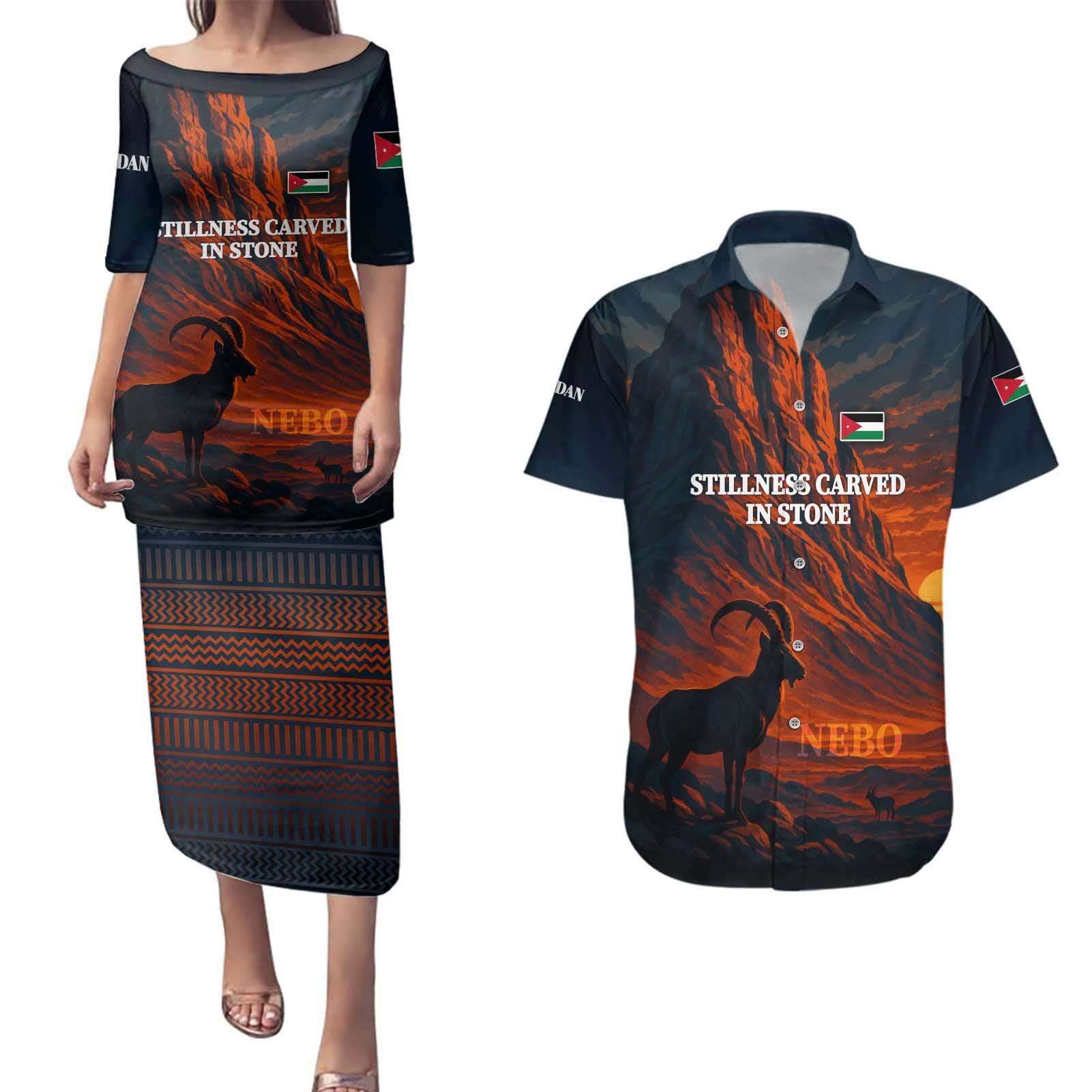 Jordan Nebo Mountain Couples Matching Puletasi and Hawaiian Shirt with Ibex and Desert Rock Landscape